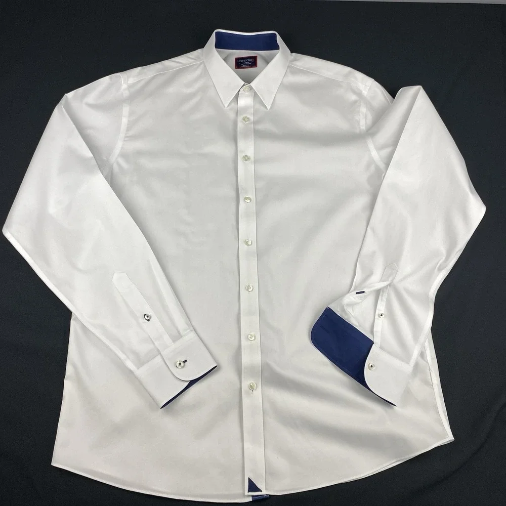 UNTUCKit Shirt Mens XL White w/Conrasting Blue Trim Wrinkle Free Regular Fit